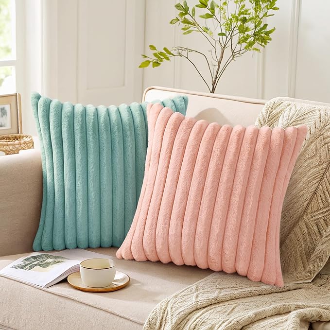 Pallene Faux Fur Plush Throw Pillow Covers 16x16 Set of 2, Luxury Soft Fluffy Striped Decorative Pillow Covers for Sofa, Couch, Living Room, Pink