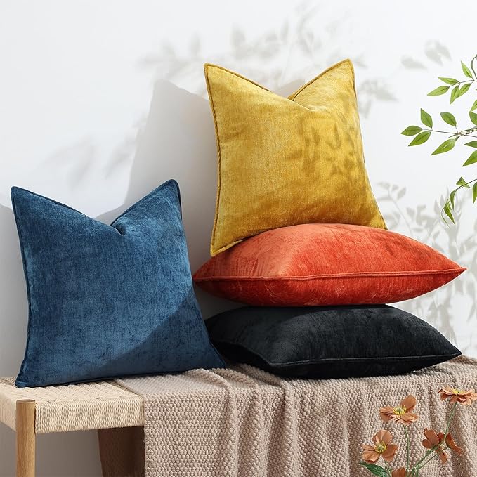 decorUhome Couch Throw Pillow Covers 22x22 Set of 2, Decorative Soft Euro Neutral Chenille Pillow Covers with Elegant Design for Sofa Bed Living Room Home Decor, Black