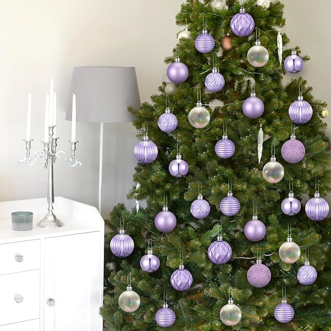 64 Pcs Lilac Purple Christmas Ball Ornaments Lavender Purple Christmas Ornaments Shatterproof Xmas Tree Decorations Set 1.6/1.97/2.4 Inch Light Pastel Purple Christmas Decor for Tree Home