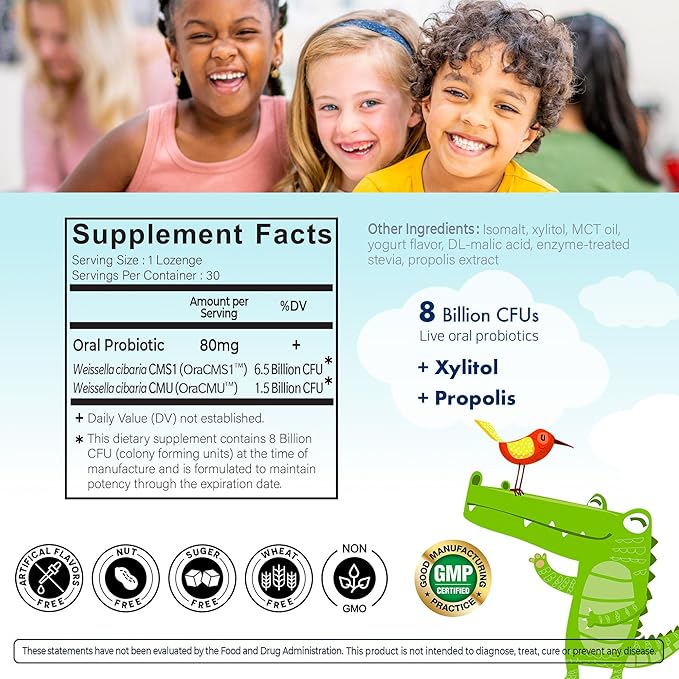 Kids Dental Probiotics for Anti-Cavity + Healthy Teeth and Gums, 8 Billion CFU Probiotics for Oral Health, Yogurt Flavor 1-PK