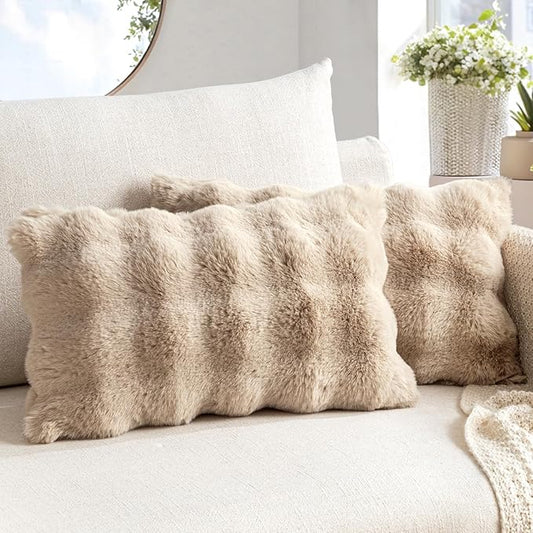 MIULEE Pack of 2 Decorative Pillow Covers Thick Soft Plush Faux Fur Lumbar Throw Pillows Luxury Home Decor for Couch Bedroom Living Room Sofa,12x20 Inch Khaki