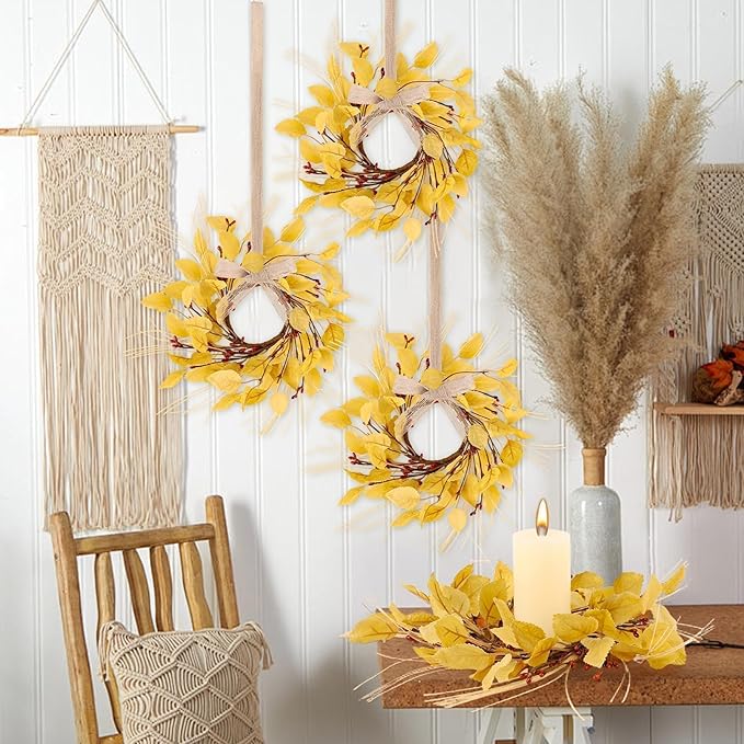 6 Pcs Fall Eucalyptus Leaves Wreaths for Kitchen Cabinets 3 Inch Front Door Mini Autumn Candle Rings Wreath with Red Berries Artificial Farmhouse Hanging Swags Wreath for Thanksgiving Window Decor