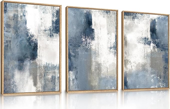 LHIUEM Large Abstract Brush Strokes Framed Canvas Wall Art Set,Navy Blue and Gray Wall Decor,Modern Color Block Shape Artwork,Minimalist Neutral Blue Printing for Living Room,Bedroom, Office-16''x24''x3