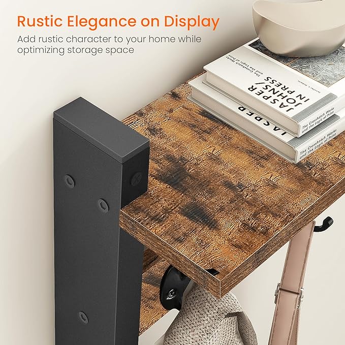 Homode Coat Rack with Wall Mount, 24 Inch Long Entryway Wall Shelf with Hooks, Wood Hanger with Storage Shelf for Bathroom, Hallway, Rustic Brown Black