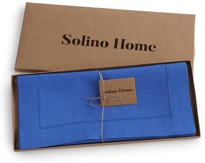 Solino Home Linen Royal Blue Table Runner 120 Inches Long - 100% Pure Linen 14 x 120 Inch Table Runner - Classic Hemstitch