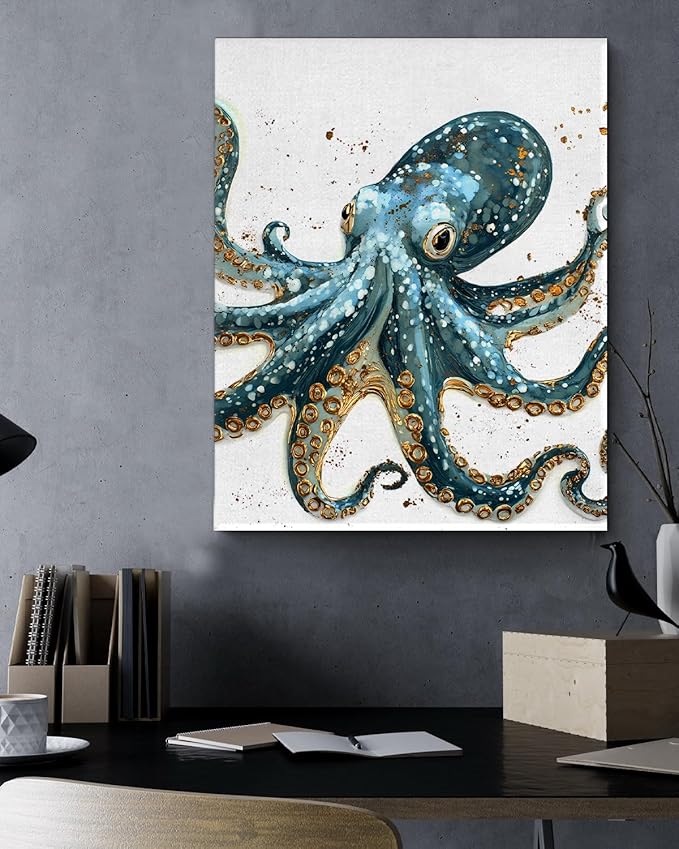 Nautical Octopus Canvas Wall Art Octopus Ocean Theme Print Poster Coastal Framed Picture Painting for Home Beach House Bedroom Wall Decor 8x10 Inch