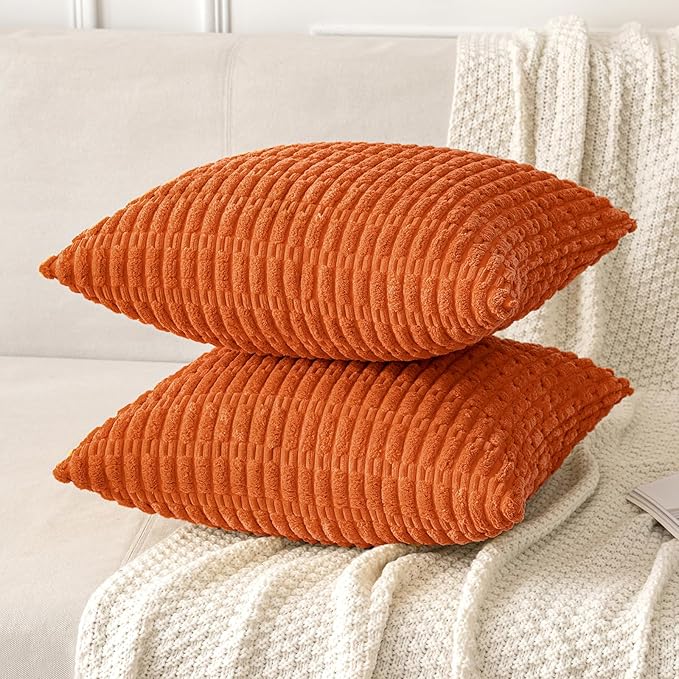MIULEE Pack of 2 Orange Corduroy Decorative Euro Sham Fall Pillow Covers 26x26 Inch Soft Boho Striped Throw Pillow Covers Modern Farmhouse Home Decor for Summer Sofa Living Room Couch Bed