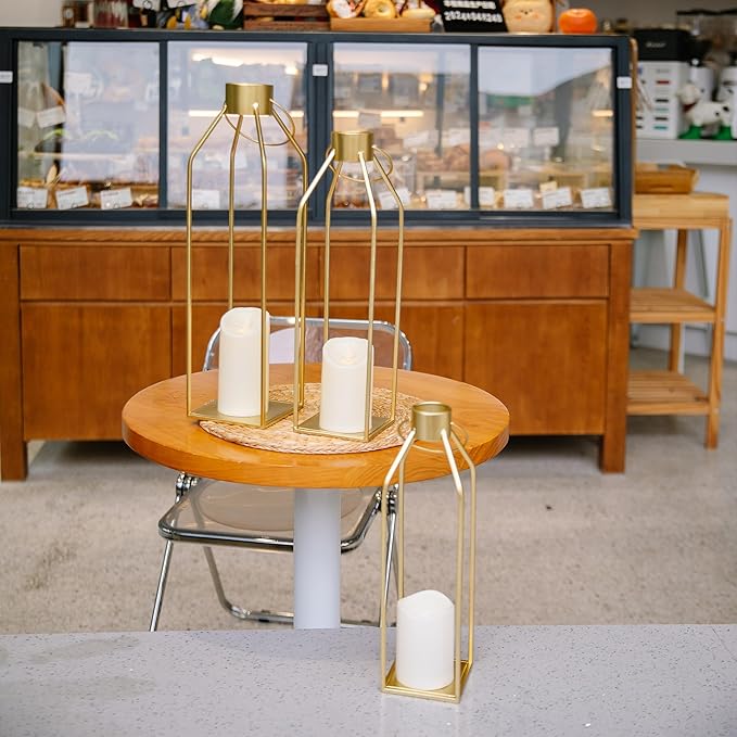 HPC Decor Modern Farmhouse Lantern - 22'' 19'' Large Tall Gold Metal Candle Lanterns with Timer Flickering Candles for Living Room, Outdoor, Fireplace Mantle Decor