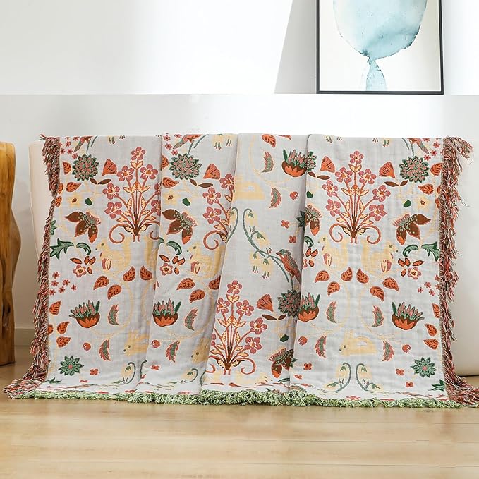 Boho Throw Blanket 80"x90", 100% Cotton Ultra Soft Luxury Throw for Couch and Sofa Blankets Home Decor, All Season Florals and Animals Throw Reversible Breathable Cozy Blankets