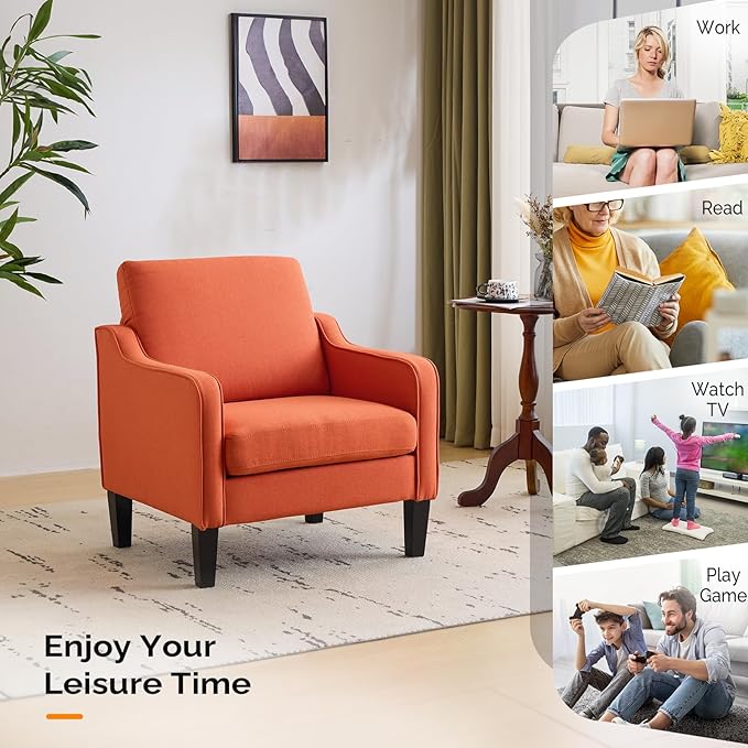 VINGLI Burnt Orange Mid Century Modern Accent Chair for Living Room & Bedroom, Scooped Arm, Upholstered Comfy Chair for Apartment, Waiting Room