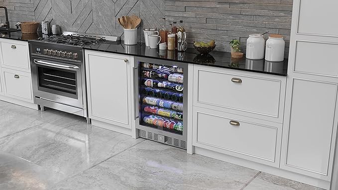 KoolMore 23.4” Inches Small Built-In Glass Door Refrigerator and Beverage Cooler for Soda Cans, 6 Wire Shelves, Adjustable Temperature Range [5.1 Cu. Ft.], 24" Inch (KM-BIR5C-GD)