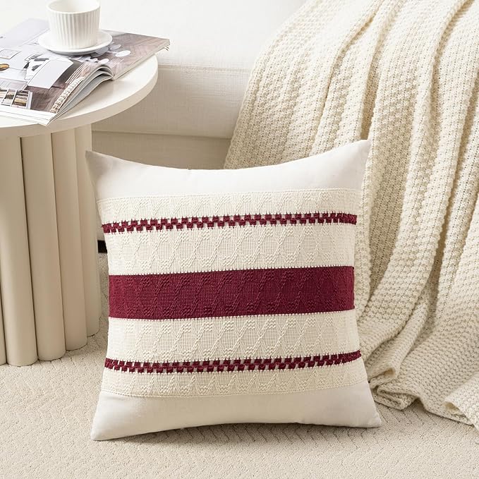 Fancy Homi Set of 2 Burgundy Boho Decorative Throw Pillow Covers 20x20 Inch for Couch Bed Sofa, Aesthetic Modern Farmhouse Christmas Room Decor, Soft Cotton Cute Textured Wind Red Cushion Case