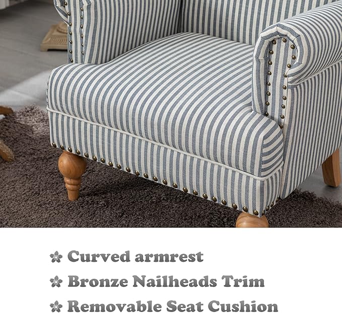 chairus Linen Accent Chair for Living Room Upholstered Mid Century Modern Single Sofa Chair with Solid Wood Legs Comfy Reading Chair Armchair for Bedroom/Office Room/Recption/Lounge, Blue Stripe