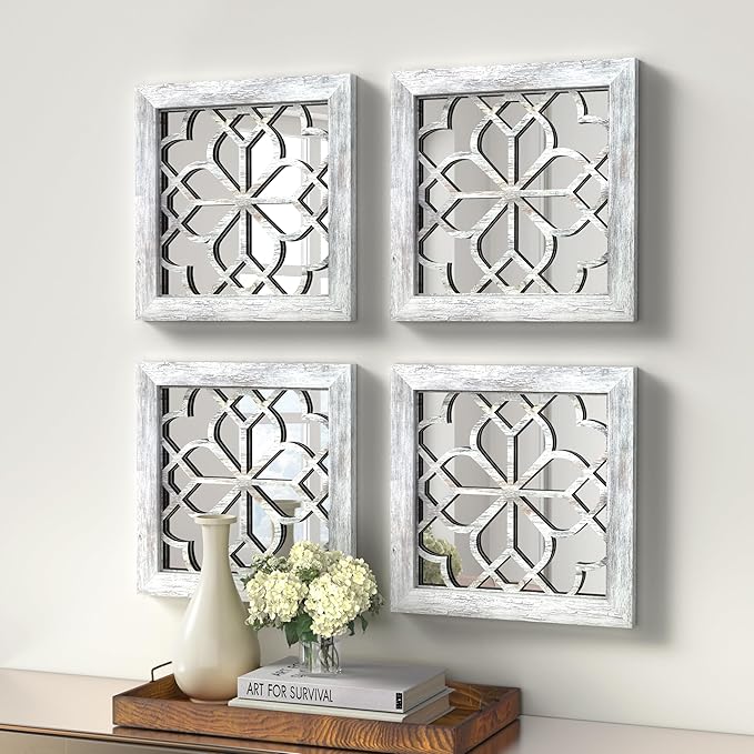 4pcs Farmhouse Wall Mirror with Carved Floral Design -Rustic Mirror Decor for Home, 12x12 inch(Grey)