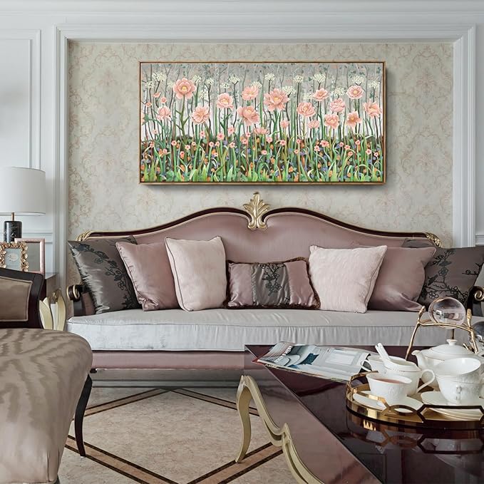 amatop Framed Large Floral Wall Art Modern Botanical Canvas Print Flower Field Wall Decor Abstract Landscape Picture Blooming Flower Forest Pink Green Artwork for Living Room Bedroom Office 48x24 in