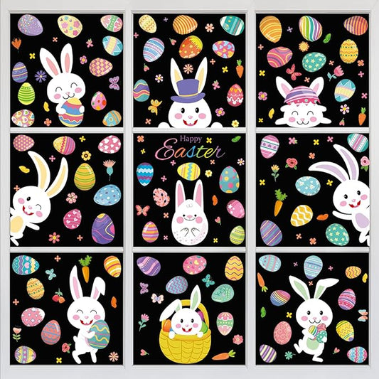 DC-BEAUTIFUL 184 PCS Easter Window Clings, 9 Sheets Double Sided Bunny Egg Easter Decoration Window Stickers, Reusable Static Holiday Window Decals for Home Office School Shop Spring Party Decors