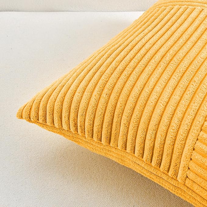 Fancy Homi 2 Packs Gold Yellow Lumbar Decorative Throw Pillow Covers 12x24 Inch for Couch Bed Sofa, Rustic Farmhouse Boho Spring Home Decor, Soft Striped Corduroy Rectangle Accent Cushion Case 30x60cm