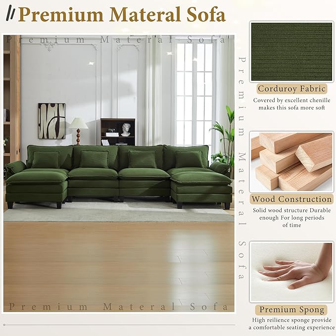 URRED Modular Sectional Sofa Comfy Cloud Couch, Modern Corduroy Sofa Sleeper Deep Seat Couches with Ottoman/Pillows for Living Room (Green, 154'' - U Shape)