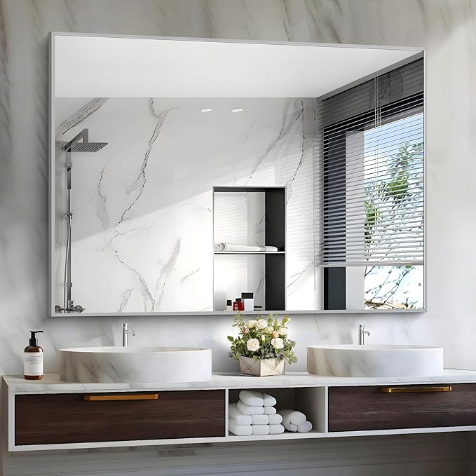 Silver Bathroom Mirror, 48"X36" Rectangle Mirrors for Wall Metal Frame, Bathroom Rectangular Mirror Modern Wall Mirror for Bedroom Living Room, Hangs Horizontal or Vertical