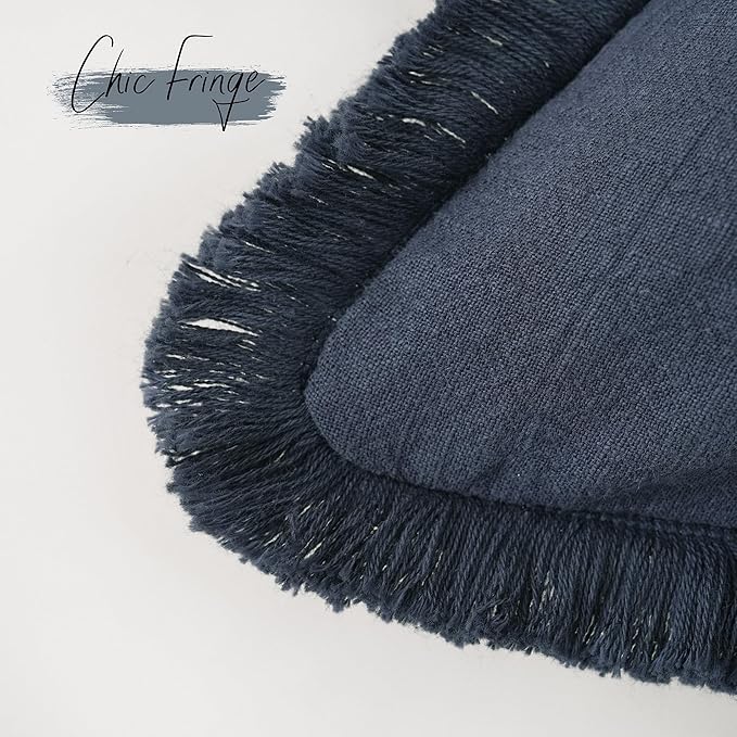Foindtower Decorative Linen Fringe Throw Pillow Covers Cozy Boho Farmhouse Cushion Cover with Tassels Soft Accent Pillowcase for Chair Sofa Bed Living Room Home Decor, 24×24 Inch, 1PC, Navy Blue
