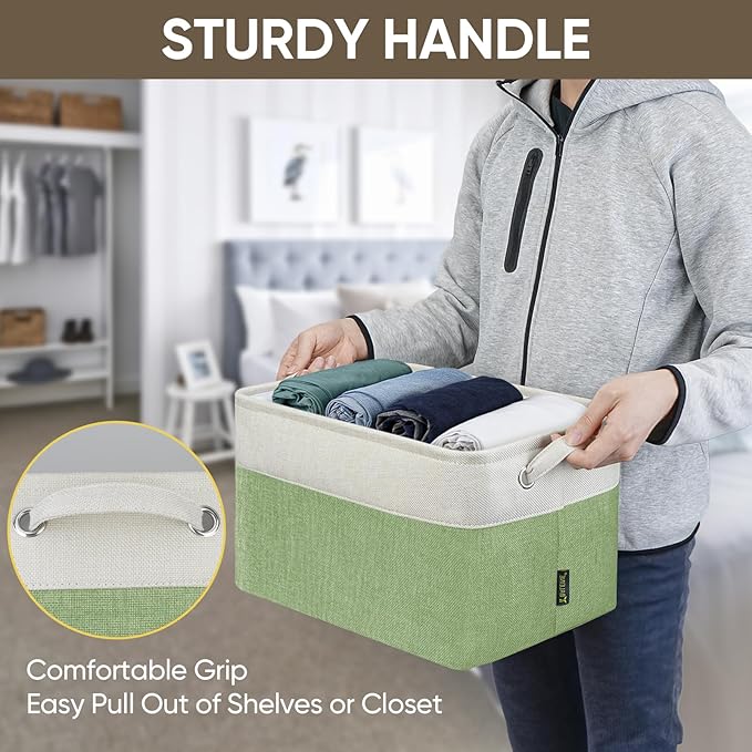BALEINE 2 Pack Fabric Storage Bins for Shelves, Linen Storage Baskets for Organizing, Decorative Closet Bins for Clothes, Home (Green, 15''x11''x9.5'')