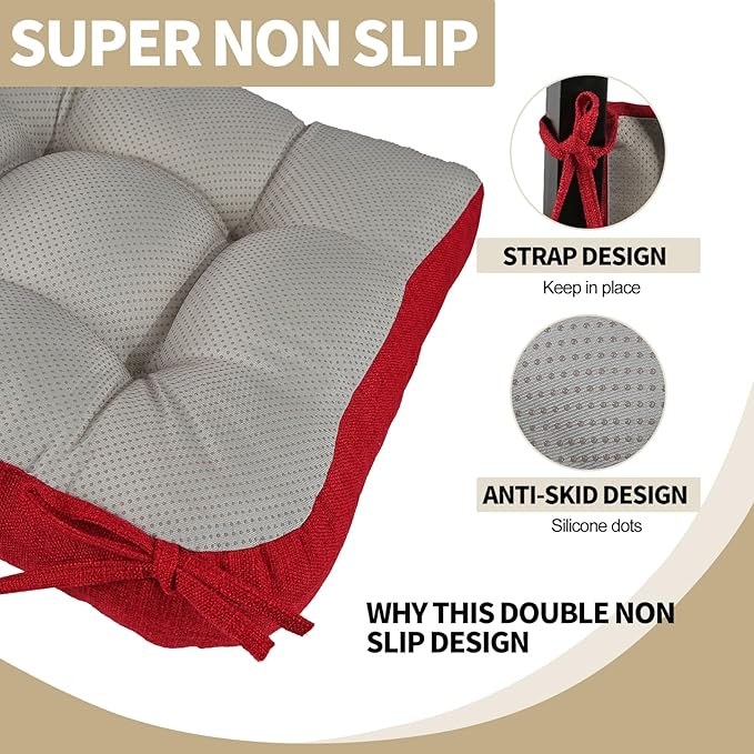 BUYUE Chair Cushion Set for Rocking Chair, Back Pillow & Seat Cushion with Ties, Original Woven Fabric Non-Slip Chair Pads for Elderly Sitting, Red