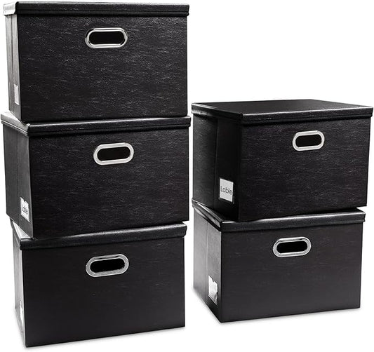 PRANDOM Extra Stackable Storage Bins with Lids [5-Pack] Leather Fabric Foldable Storage Boxes Organizer Containers Baskets Cube with Cover for Bedroom Closet Office Nursery Black (22.8x15.7x13.8)