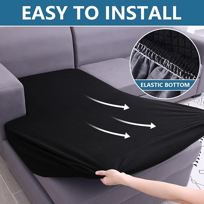 hyha Waterproof Sectional Couch Covers, Non Slip Sofa Couch Cushion Covers L Shape, Thick Stretch Jacquard Fabric, Washable Sofa Slipcovers with Elastic Bottom (1 Piece for Chaise, Black)