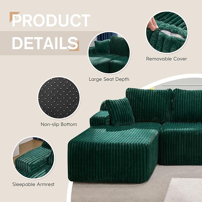 Hobestluk Modular Sectional Sofa Couches 108" L-Shape Couch 3 Seat Modular Sofa Memory Foam Sectional Couches for Living Room, Boneless Couch with Oversized Chaise (Green, Left Facing)