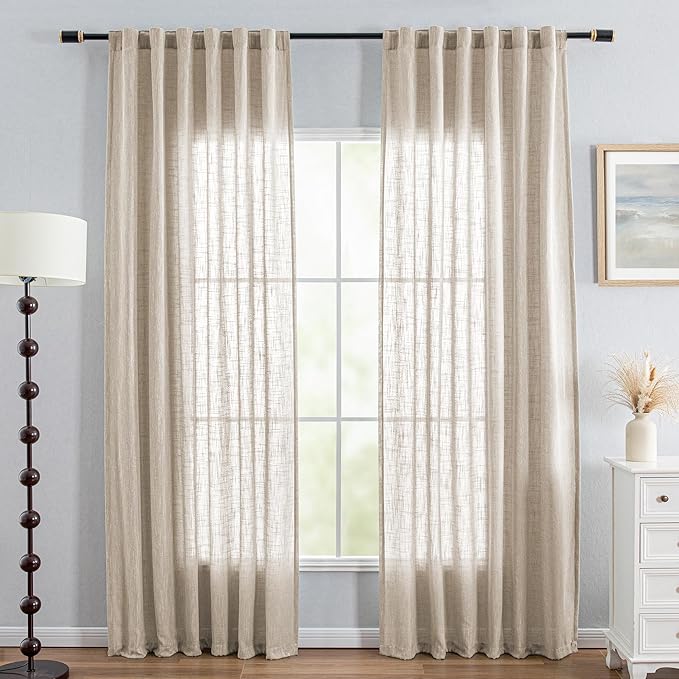 MYSKY HOME Oatmeal Curtains for Living Room, Semi Sheer Curtains & Drapes Light Filtering Farmhouse Country Boho Style Back Tab Draperies for Sliding Glass Door (Customsize, Light Oatmeal)