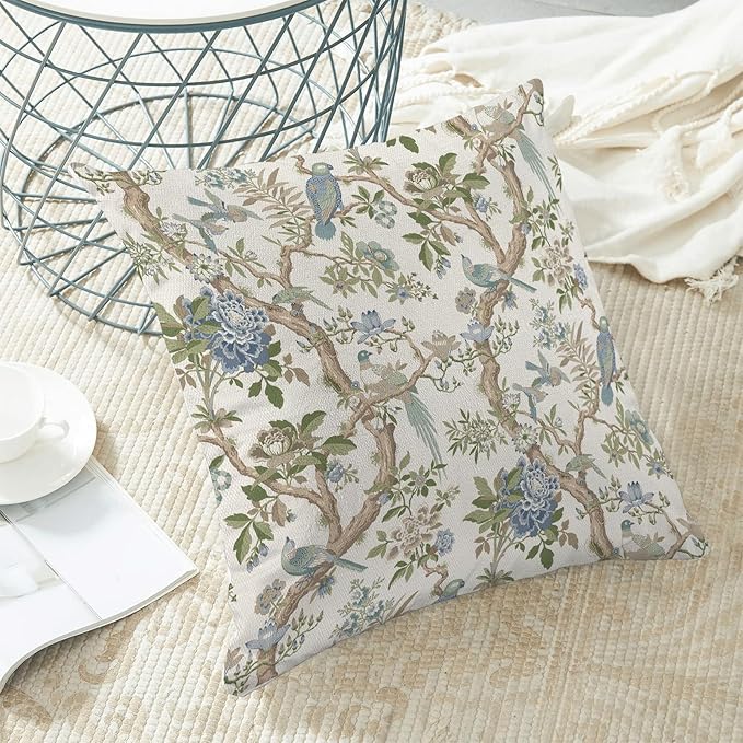 CXMEIFLY Chinoiserie Spring Pillow Covers 20 x 20 Inch Set of 2 for Blue Sage Green Vintage Flowers Bird Decor Throw Pillows Plant Farmhouse Outdoor Decorative Cushion Cases for Couch Bed Decorations