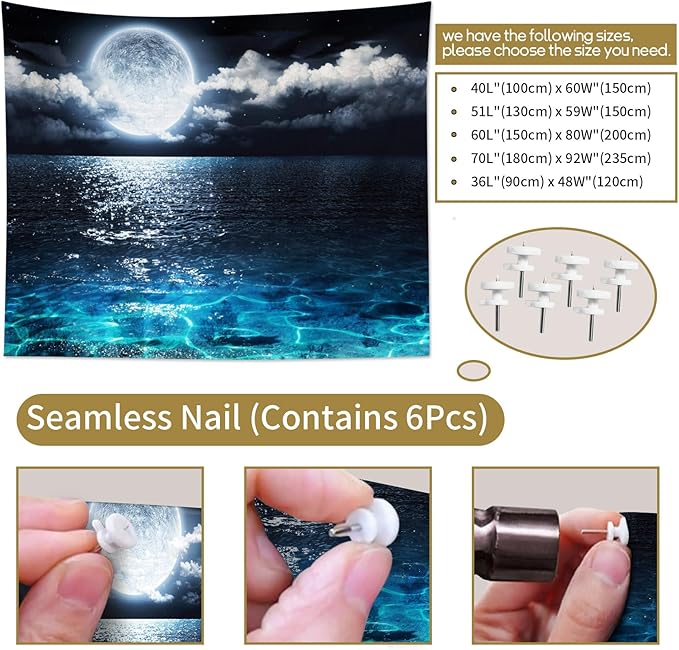 LB Blue Ocean Moon Tapestry White Cloud and Full Moon Over Ocean Tapestry Wall Hanging Fantasy Night Sky Wall Art for Bedroom Living Room Dorm Wall Decor,80 x 60 Inches