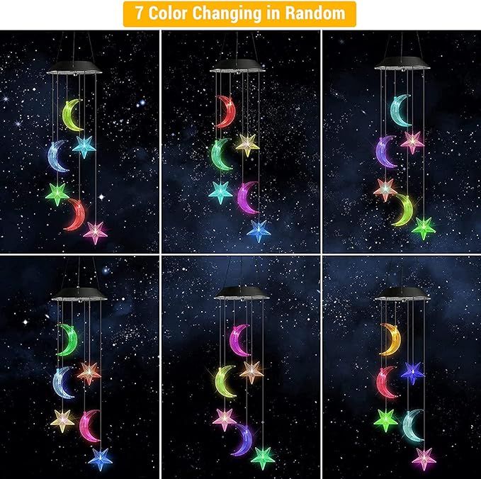 Toodour Solar Wind Chimes, Color Changing Wind Chimes Moon and Star, LED Decorative Mobile, Gift for Mom Grandma, Waterproof Outdoor Moon Star Light for Garden, Patio, Yard, Window Outdoor Decor
