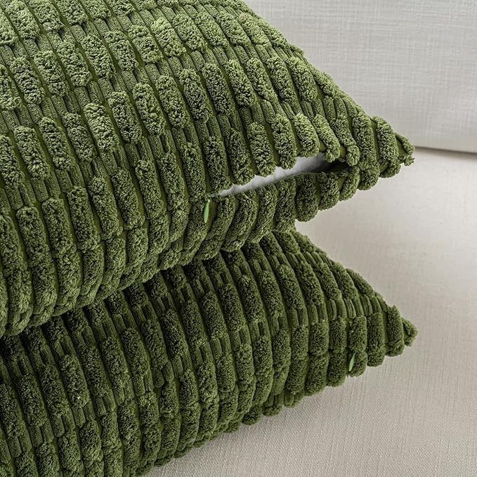 Fancy Homi Set of 4 Green Boho Winter Decorative Throw Pillow Covers 26x26 Inch for Couch Bed Sofa, Aesthetic Modern Bohemian Room Decor, Fuzzy Fluffy Cozy Corduroy Textured Cushion Case 66x66cm
