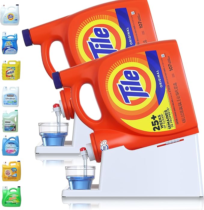 TidyFriend No-Spill Liquid Laundry Detergent Dispenser Holder, Laundry Soap Dispenser Holder with Drip Tray for Laundry Room Organization (No Strap, White)