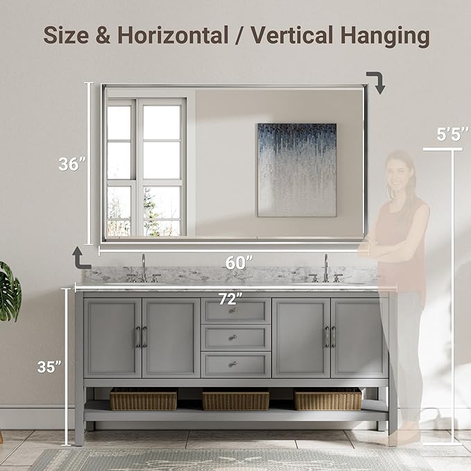 60'' x 36'' Large Beveled Silver Bathroom Vanity Mirror, Shatterproof Rectangle Silver Metal Framed Mirror for Bathroom Wall, Anti-Rust Wall-Mounted Mirror