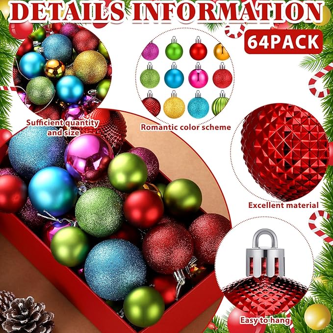 64 Pcs Neon Christmas Ball Ornaments Bright Christmas Ornaments Shatterproof Glitter Neon Red Pink Yellow Blue Green Xmas Baubles 1.6/1.97/2.4 Inch 80s 90s Christmas Ornaments for Tree Home