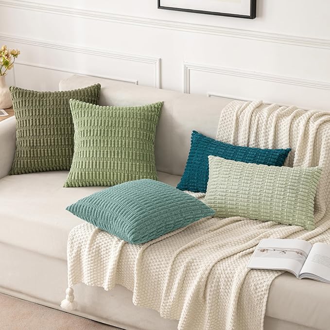 MIULEE Pack of 2 Corduroy Decorative Throw Pillow Covers 16x16 Inch Soft Boho Striped Pillow Covers Modern Farmhouse Home Decor for Summer Sofa Living Room Couch Bed Teal Green