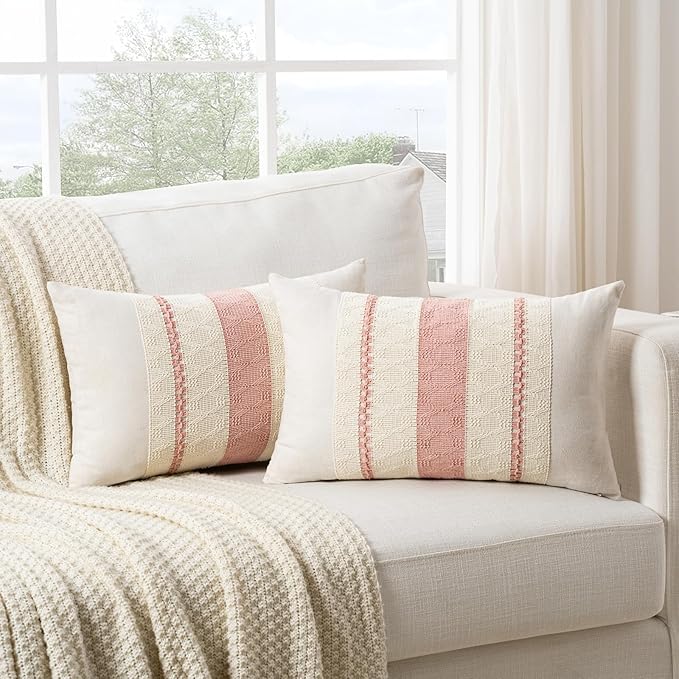 Fancy Homi Set of 2 Boho Pink Long Lumbar Decorative Throw Pillow Cover 14x24 Inch for Couch Bed Sofa Chair, Modern Organic Farmhouse Home Decor, Soft Cotton Cute Accent Rectangle Cushion Case