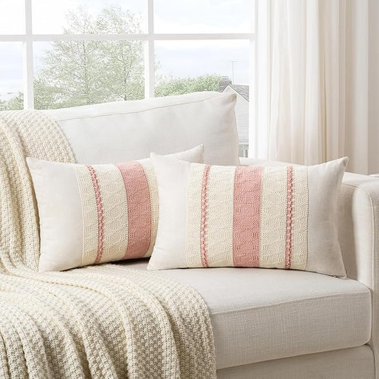 Fancy Homi Set of 2 Boho Pink Long Lumbar Decorative Throw Pillow Cover 14x24 Inch for Couch Bed Sofa Chair, Modern Organic Farmhouse Home Decor, Soft Cotton Cute Accent Rectangle Cushion Case