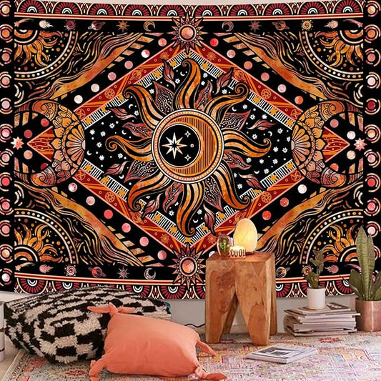 Lunerfex Hippie Sun and Moon Tapestry Bohemian Celestial Tapestry Aesthetic Tapestries for Bedroom and Living Room Decor Sun and Moon 70×90 Inches
