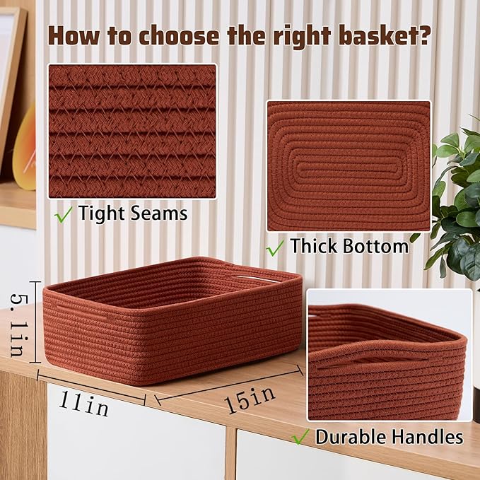 Large Shallow Organizing Baskets 15x11x5.1 Inches - Rope Woven Storage Bins for Bathroom, Shelves, Cube Closet, Red 2 Packs