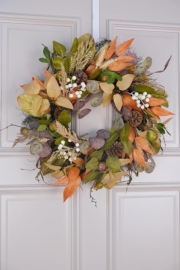 24" Fall Wreath for Front Door Handmade with Artificial Autumn Leaves, Natural Pinecones, Faux Berries and Wheat, Autumn Harvest Wreath Decoration for Home Farmhouse Door Wall Window Porch