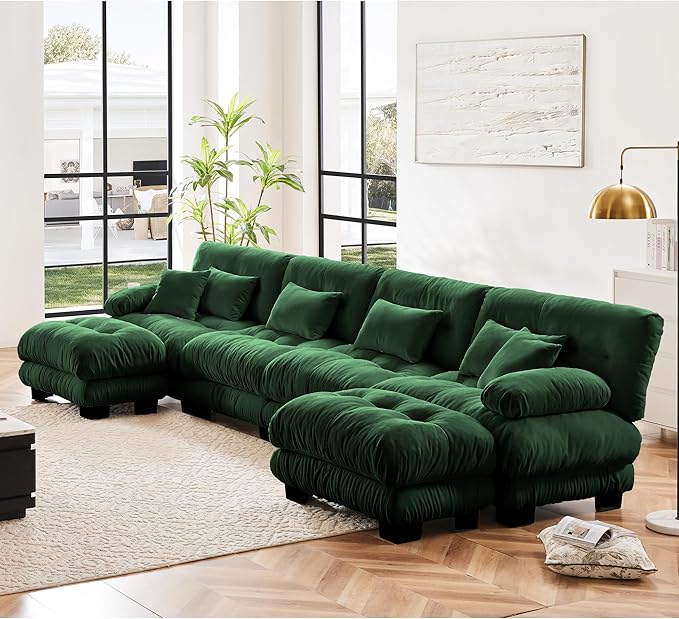Modular Sectional Sofa, Comfy Cloud Couch 4 Seater Couch with Ottoman, Sectional Couches for Living Room, Modern Chenille U Shaped Couches, Sleeper Deep Seat Sofa with Throw Pillows, Green