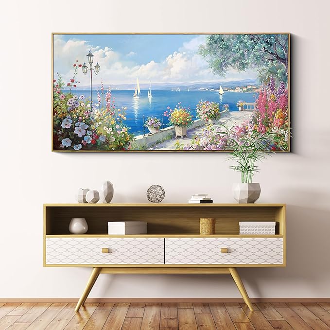 XLSJERST Large Coastal Wall Art - Ocean Seascape Canvas Yellow Green Flowers Painting Landscape Sailboat Picture Artwork Modern Large Framed for Living Room Bedroom Home Office Decor 58x29 Inches