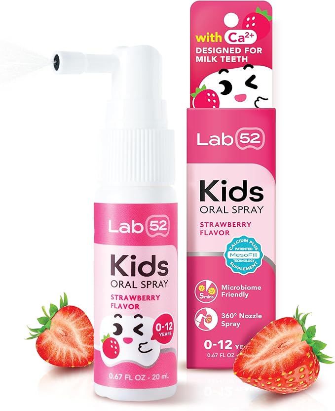 LAB52 Kids Oral Spray, Toddler Toothpaste Helper for Daily Oral Care and Fresh Breath, Children Approved with Fluoride Free for Newborn to Preschoolers, Xylitol Strawberry Flavor