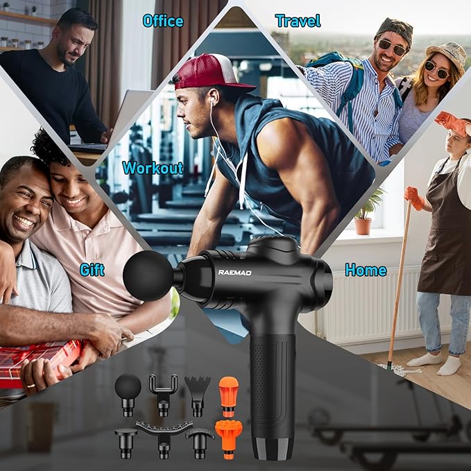 RAEMAO Massage Gun, Handheld Electric Deep Tissue Muscle Massager for Athletes for Pain Relief Attaching 8 Replacement Heads, Percussion Massager with 10 Speeds, Father's Day Gifts, Black