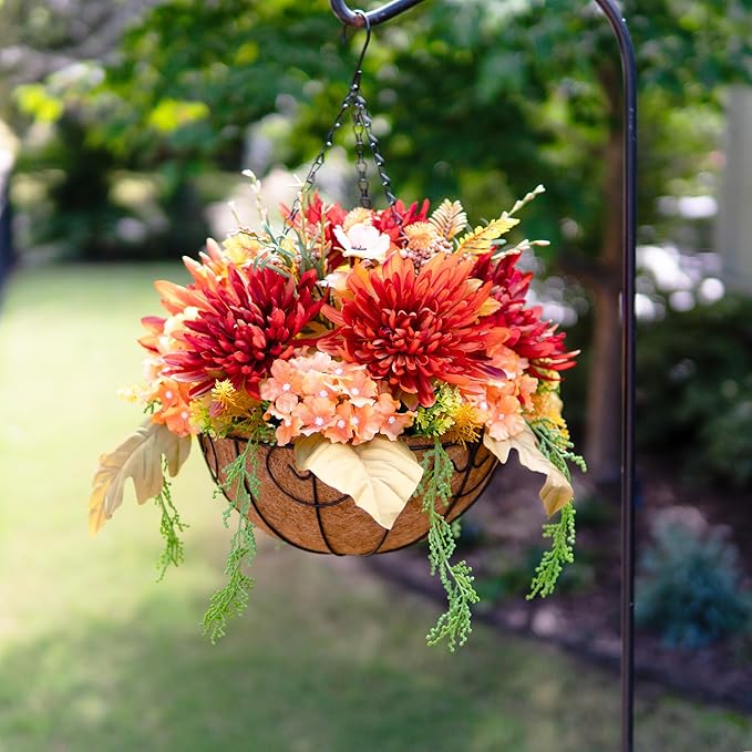 Artificial Fake Hanging Mums Flowers Plants Baskets for Outdoor Outside Decoration, Faux Silk Orange Flower Chrysanthemum UV Resistant Realistic for Porch Patio Balcony Yard Decor