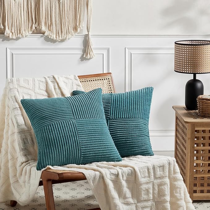Fancy Homi 2 Packs Teal Samll Decorative Throw Pillow Covers 14x14 Inch with for Couch Bed Sofa, Rustic Farmhouse Boho Home Decor, Soft Corss Patchwork Corduroy Square Cushion Case 35x35 cm