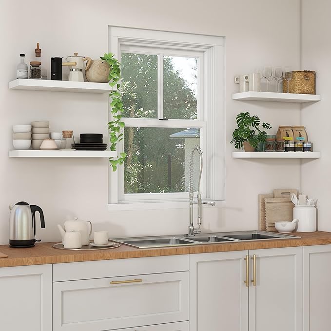 Heimlove 24 inch Floating Shelves for Wall,9.3 inch deep White Wood Shelves with Invisible Brackets,Wall Mounted Storage & Display Shelves for Bedroom,Living Room,Set of 2